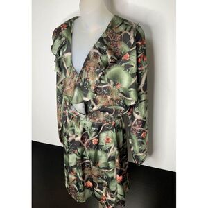 JOHANNA Ortiz x H&M Small Womens Ruffle neck floral satin summer party dress gre